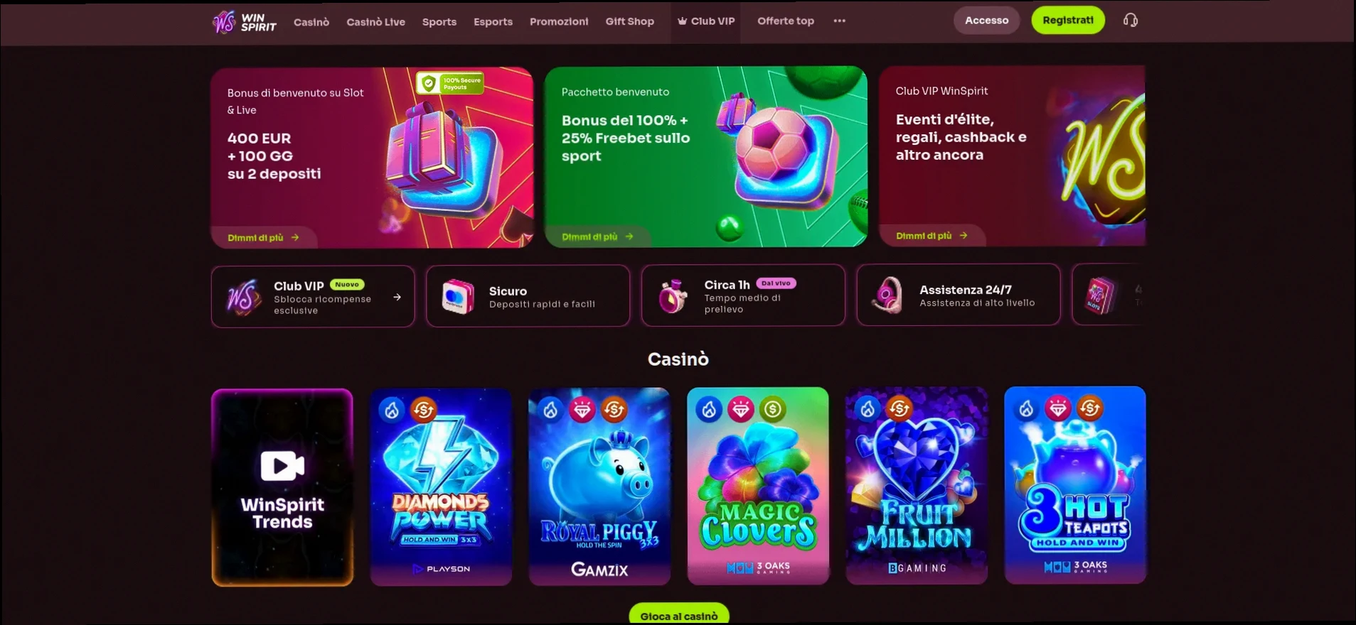 Winspirit Casino Fino a 400 € + 100 Giri Gratuiti